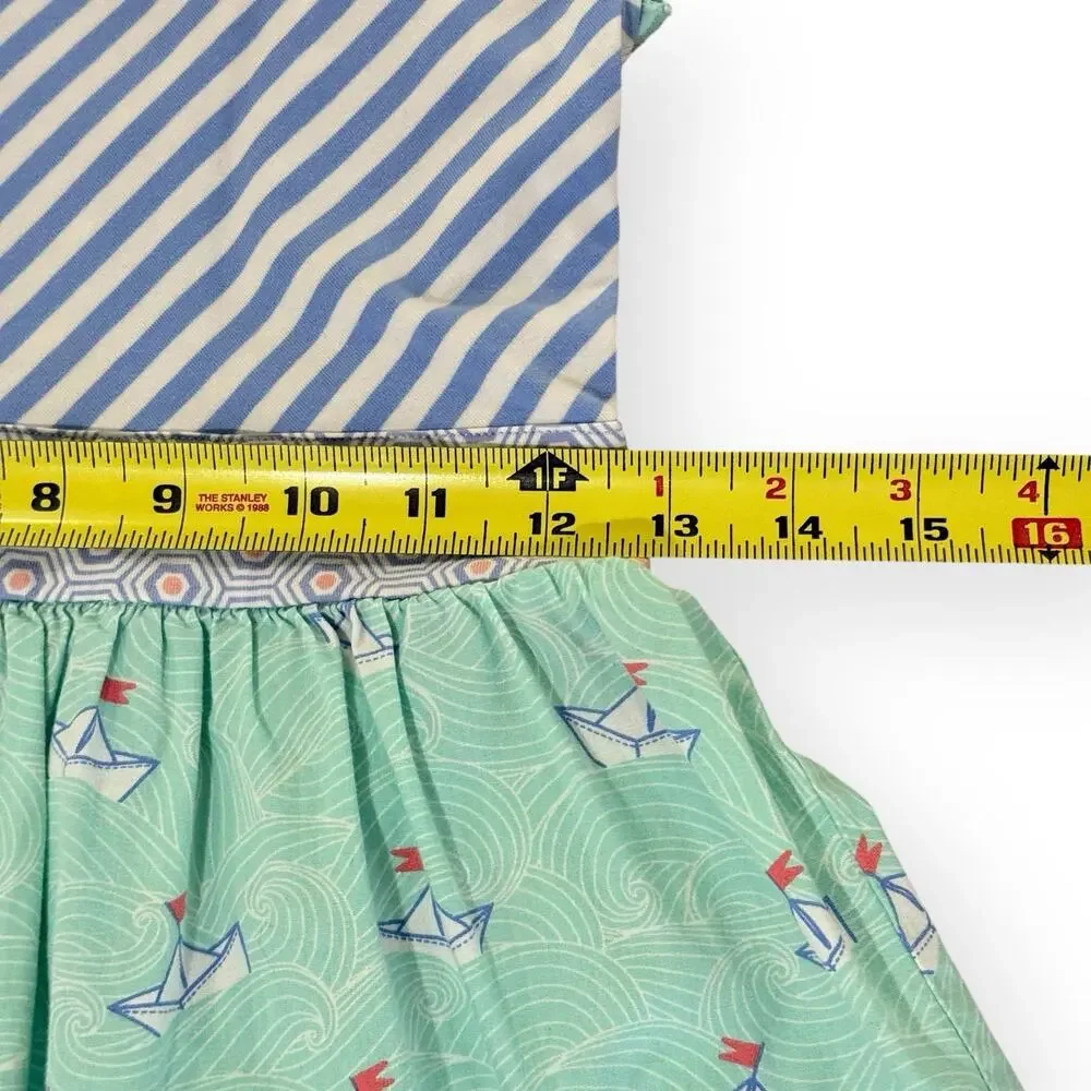 Serendipity Shrimp & Grits Girls 7-8 Dress Blue Green Stripe Sailboat Nautical